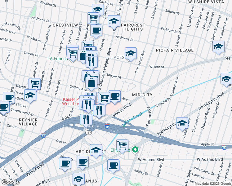 map of restaurants, bars, coffee shops, grocery stores, and more near 2007 South Point View Street in Los Angeles