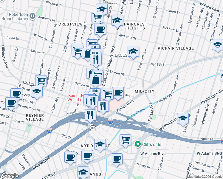 map of restaurants, bars, coffee shops, grocery stores, and more near 2007 South Point View Street in Los Angeles