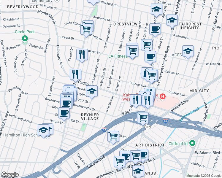 map of restaurants, bars, coffee shops, grocery stores, and more near 8822 Cadillac Avenue in Los Angeles