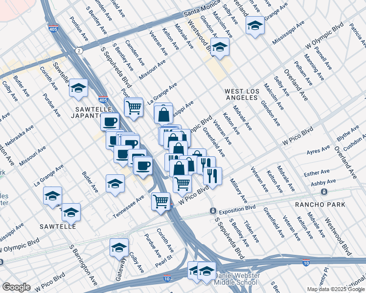 map of restaurants, bars, coffee shops, grocery stores, and more near 2226 South Sepulveda Boulevard in Los Angeles