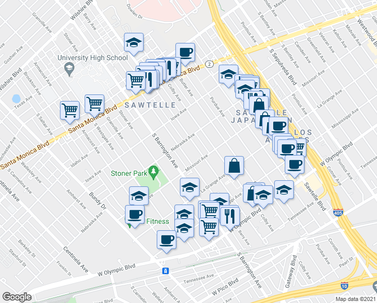 map of restaurants, bars, coffee shops, grocery stores, and more near 11637 Missouri Avenue in Los Angeles