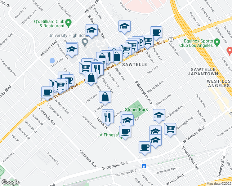 map of restaurants, bars, coffee shops, grocery stores, and more near 1714 South Westgate Avenue in Los Angeles