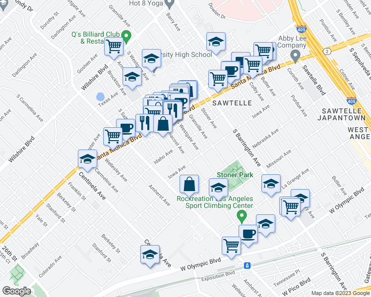 map of restaurants, bars, coffee shops, grocery stores, and more near 1634 Armacost Avenue in Los Angeles