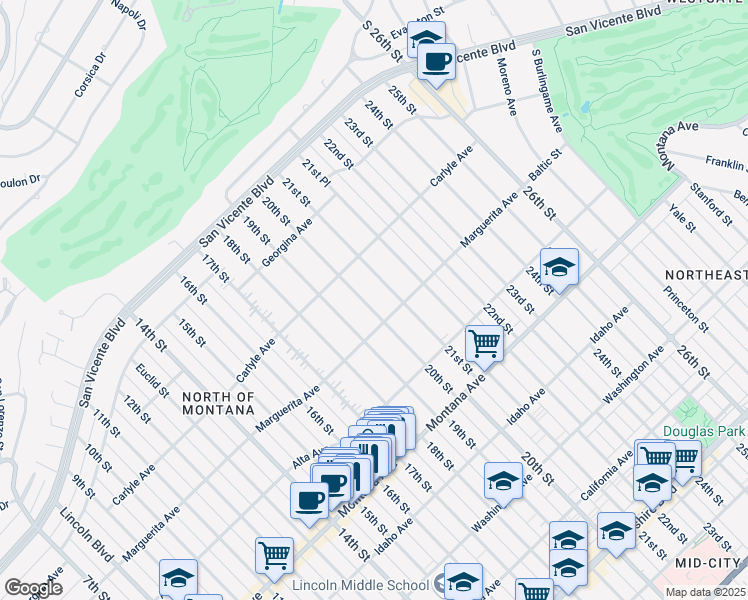 map of restaurants, bars, coffee shops, grocery stores, and more near 451 20th Street in Santa Monica