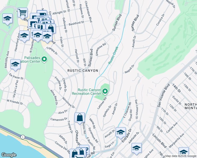 map of restaurants, bars, coffee shops, grocery stores, and more near 640 Hightree Road in Santa Monica
