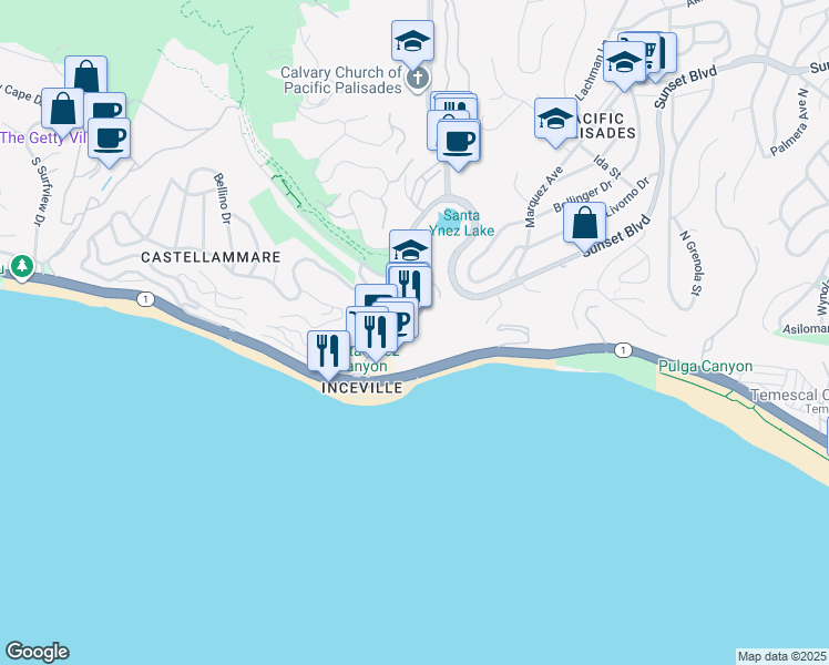 map of restaurants, bars, coffee shops, grocery stores, and more near 17374 Sunset Boulevard in Los Angeles