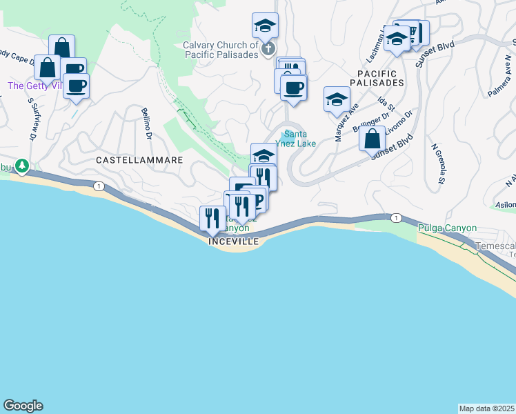 map of restaurants, bars, coffee shops, grocery stores, and more near 17374 Sunset Boulevard in Los Angeles