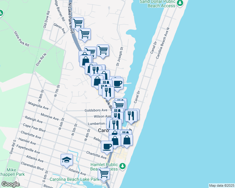 map of restaurants, bars, coffee shops, grocery stores, and more near 670 Saint Joseph Street in Carolina Beach