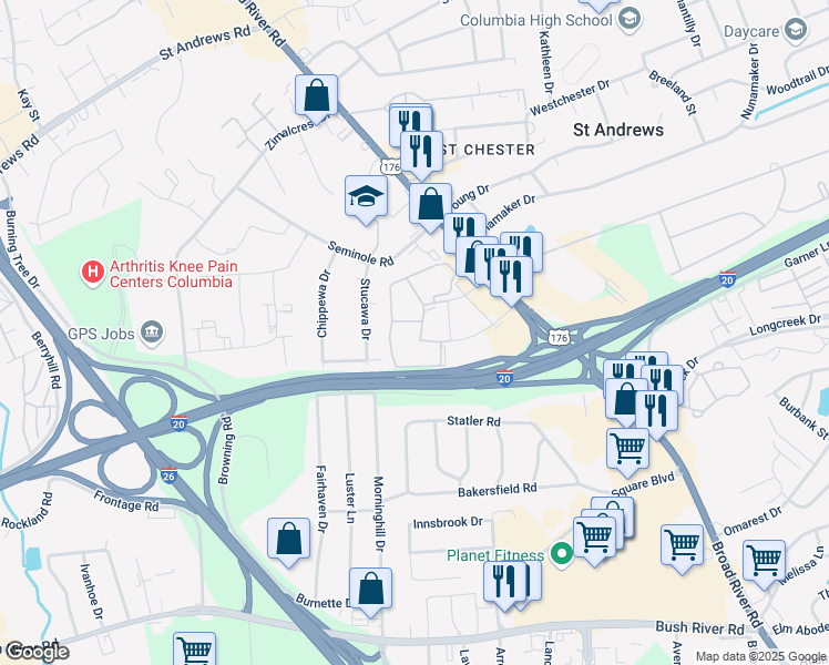 map of restaurants, bars, coffee shops, grocery stores, and more near 721 Old Manor Road in Columbia