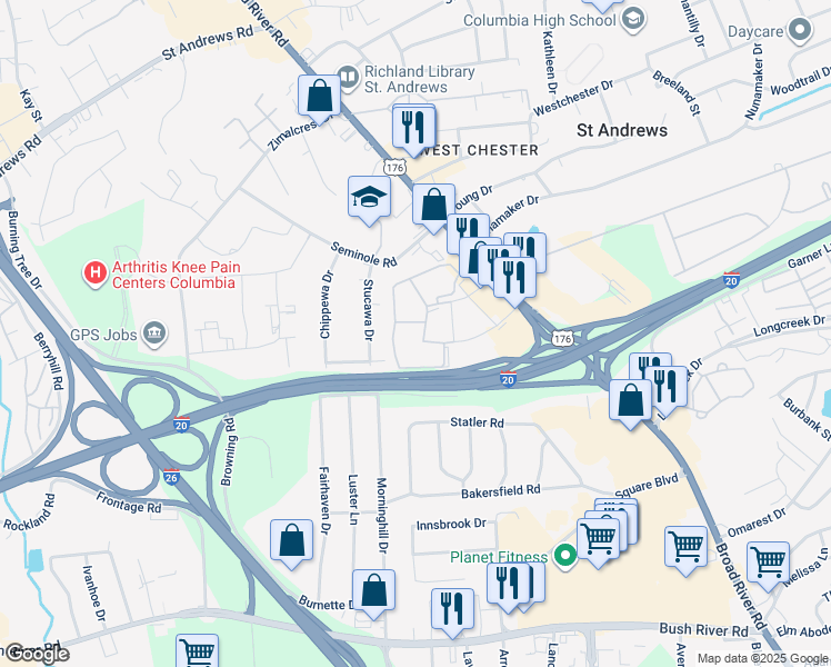 map of restaurants, bars, coffee shops, grocery stores, and more near 721 Old Manor Road in Columbia