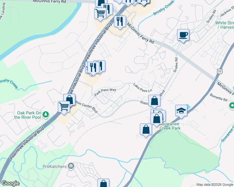 map of restaurants, bars, coffee shops, grocery stores, and more near 1238 Park Pass Row in Suwanee