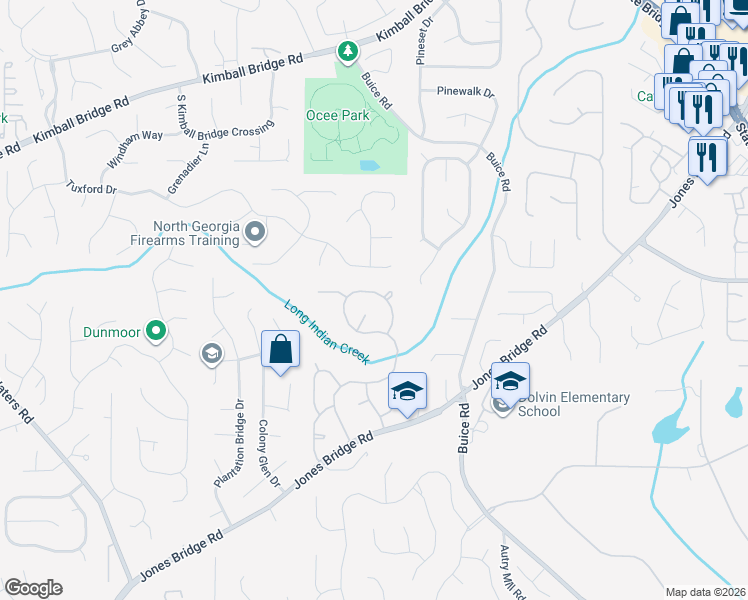 map of restaurants, bars, coffee shops, grocery stores, and more near 415 Willow View Knoll in Alpharetta