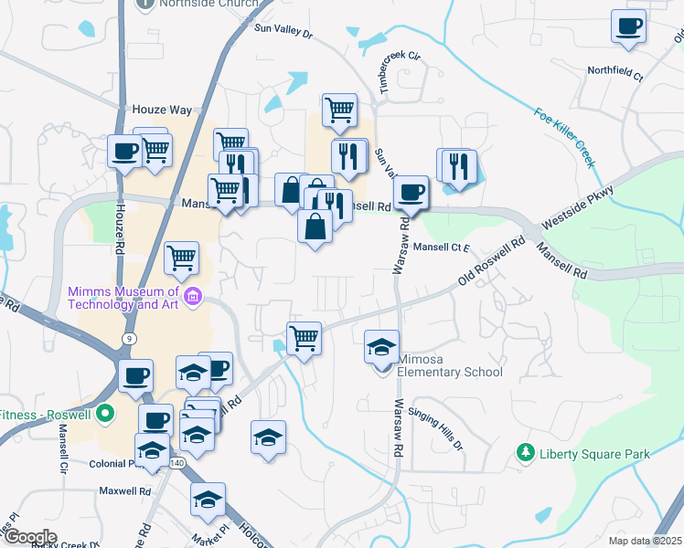 map of restaurants, bars, coffee shops, grocery stores, and more near 1070 Harper Drive in Roswell