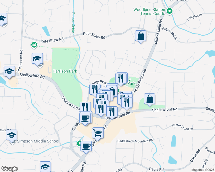 map of restaurants, bars, coffee shops, grocery stores, and more near 3618 Edenbourgh Place in Marietta