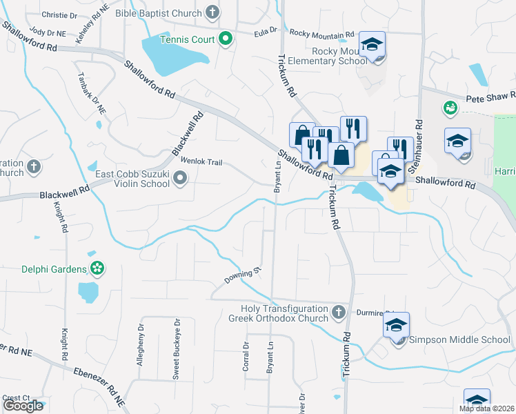map of restaurants, bars, coffee shops, grocery stores, and more near 3608 Downing Street in Marietta