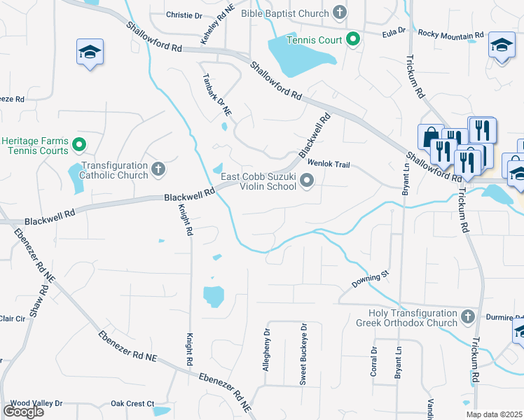 map of restaurants, bars, coffee shops, grocery stores, and more near 3625 Stonehenge Way Northeast in Marietta