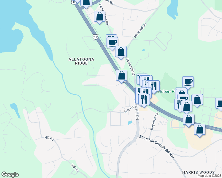 map of restaurants, bars, coffee shops, grocery stores, and more near 4989 Womack Avenue in Acworth