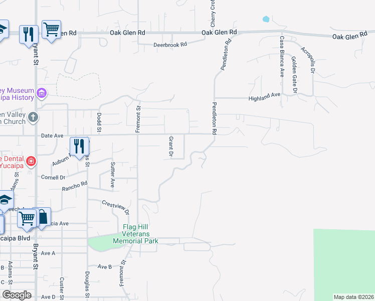 map of restaurants, bars, coffee shops, grocery stores, and more near 11765 Holmes Street in Yucaipa