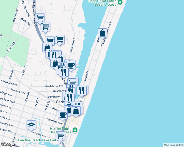 map of restaurants, bars, coffee shops, grocery stores, and more near 511 Carolina Beach Avenue North in Carolina Beach