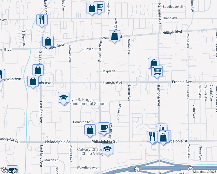map of restaurants, bars, coffee shops, grocery stores, and more near 4159 Francis Avenue in Chino