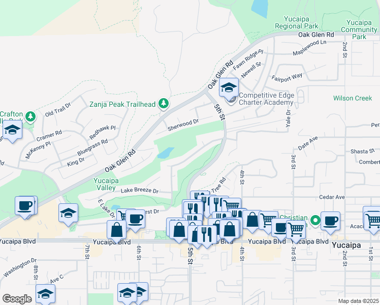 map of restaurants, bars, coffee shops, grocery stores, and more near 34314 Forest Oaks Drive in Yucaipa