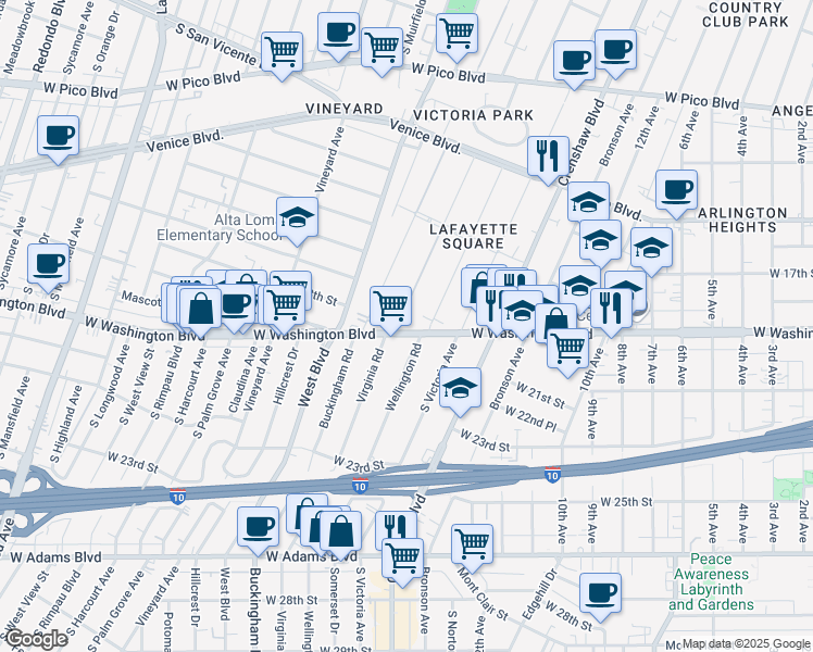 map of restaurants, bars, coffee shops, grocery stores, and more near 1864 Virginia Road in Los Angeles