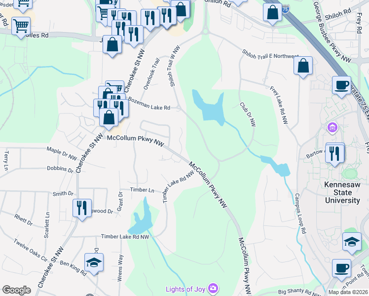 map of restaurants, bars, coffee shops, grocery stores, and more near 3579 Bozeman Lake Road in Kennesaw