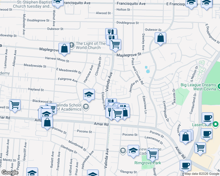 map of restaurants, bars, coffee shops, grocery stores, and more near 1901 South Summerplace Drive in West Covina