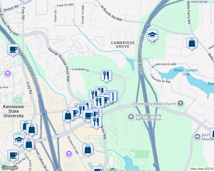map of restaurants, bars, coffee shops, grocery stores, and more near 225 Townpark Drive in Kennesaw