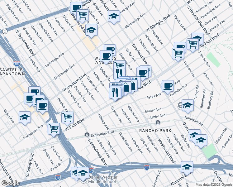 map of restaurants, bars, coffee shops, grocery stores, and more near 10900 West Pico Boulevard in Los Angeles