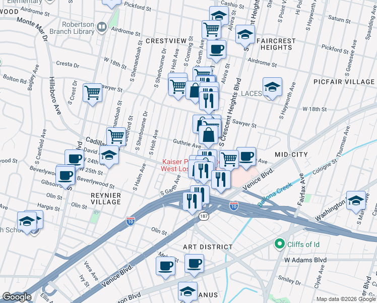 map of restaurants, bars, coffee shops, grocery stores, and more near in Los Angeles