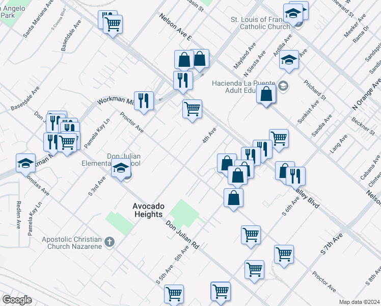 map of restaurants, bars, coffee shops, grocery stores, and more near 233 4th Avenue in La Puente