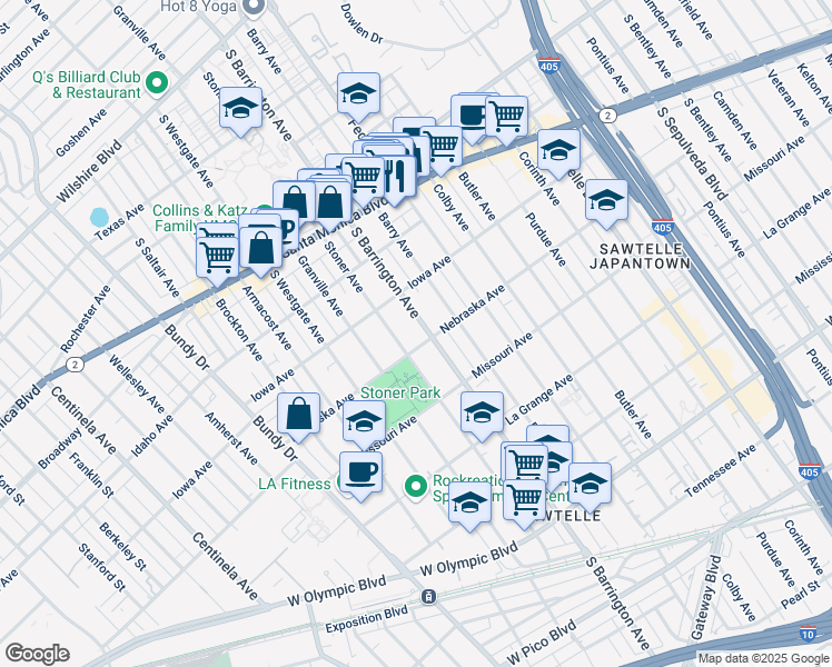 map of restaurants, bars, coffee shops, grocery stores, and more near 1747 South Barrington Avenue in Los Angeles