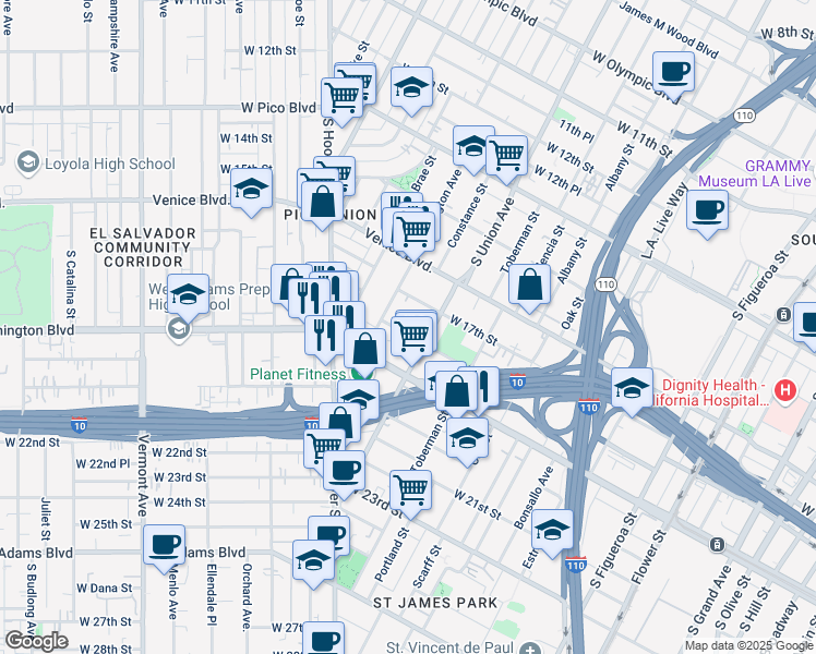 map of restaurants, bars, coffee shops, grocery stores, and more near 1123 West 18th Street in Los Angeles