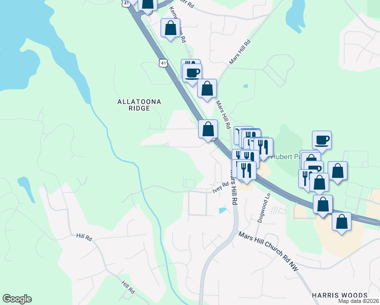 map of restaurants, bars, coffee shops, grocery stores, and more near 4989 Womack Avenue in Acworth
