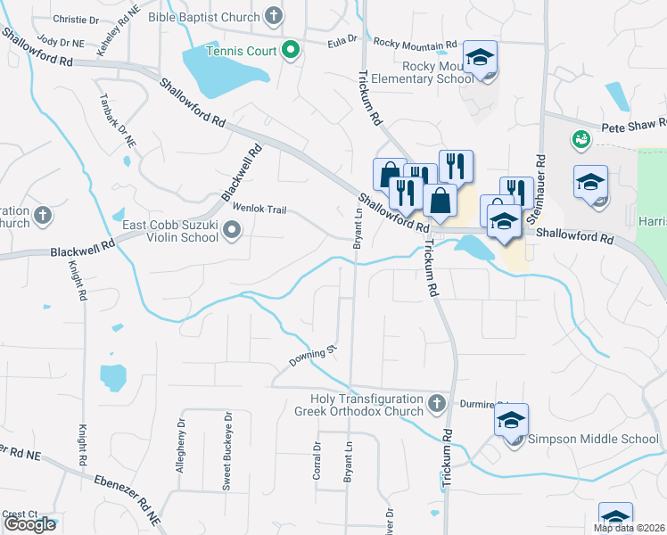 map of restaurants, bars, coffee shops, grocery stores, and more near 3608 Downing Street in Marietta