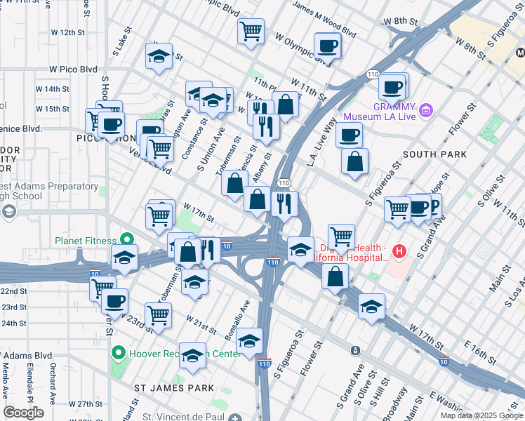 map of restaurants, bars, coffee shops, grocery stores, and more near 830 Venice Boulevard in Los Angeles