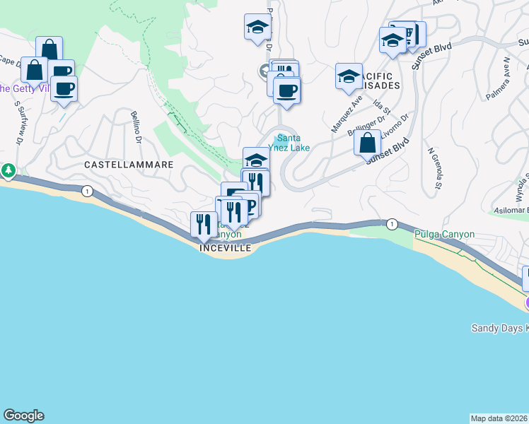 map of restaurants, bars, coffee shops, grocery stores, and more near 17350 Sunset Boulevard in Los Angeles
