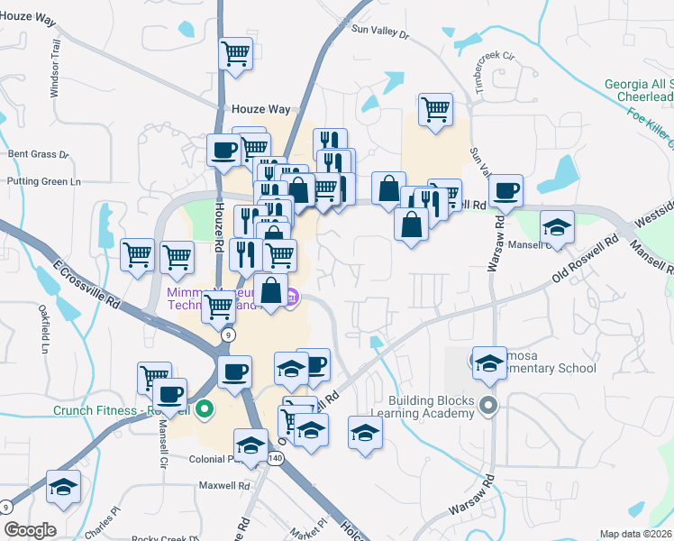 map of restaurants, bars, coffee shops, grocery stores, and more near 555 Eagles Crest Village Lane in Roswell