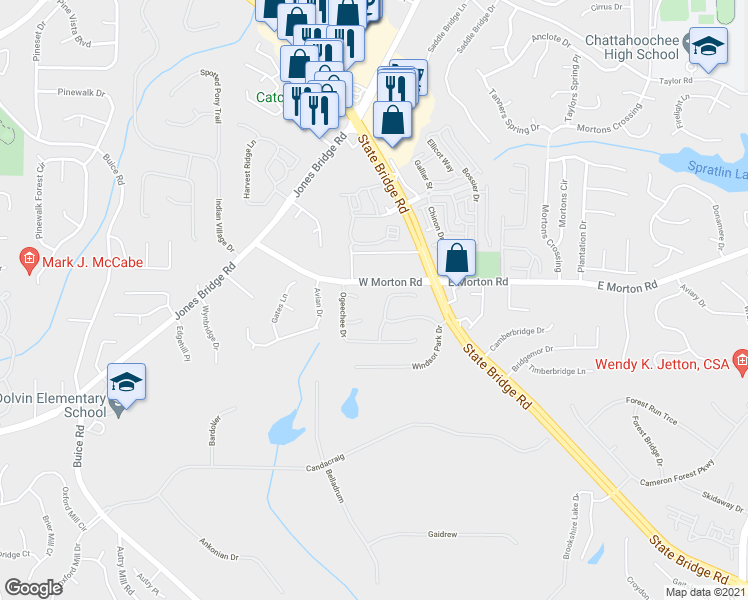 map of restaurants, bars, coffee shops, grocery stores, and more near 4695 East Morton Road in Alpharetta