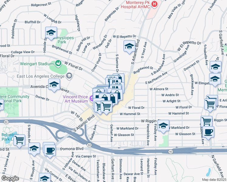 map of restaurants, bars, coffee shops, grocery stores, and more near 950 West Floral Drive in Monterey Park