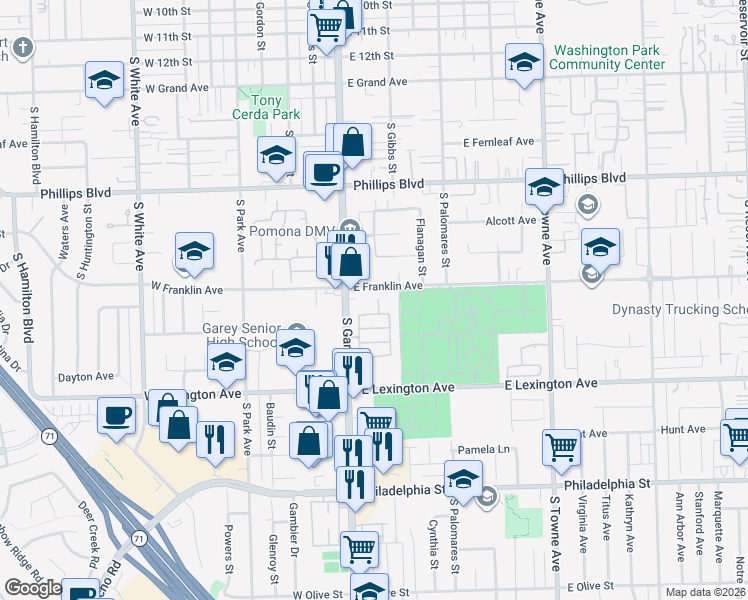 map of restaurants, bars, coffee shops, grocery stores, and more near 1735 Lockwood Lane in Pomona