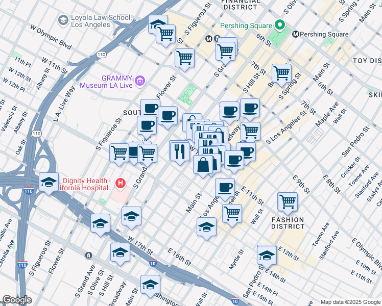 map of restaurants, bars, coffee shops, grocery stores, and more near 1108 South Hill Street in Los Angeles