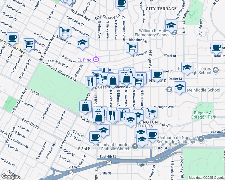 map of restaurants, bars, coffee shops, grocery stores, and more near 309 North Ditman Avenue in Los Angeles