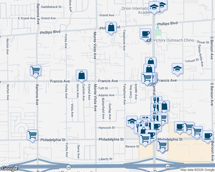map of restaurants, bars, coffee shops, grocery stores, and more near 5001 Taft Street in Chino