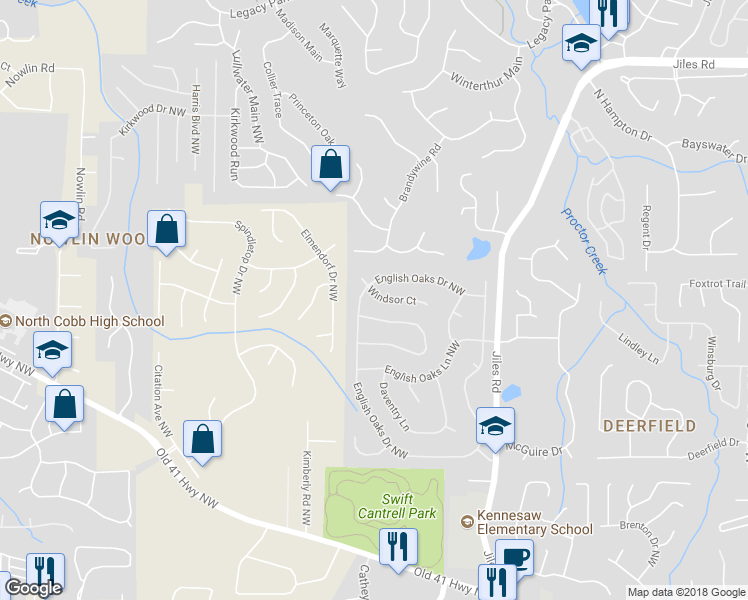 map of restaurants, bars, coffee shops, grocery stores, and more near 2721 Windsor Court in Kennesaw