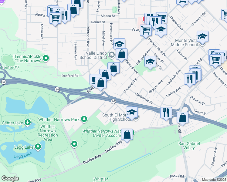 map of restaurants, bars, coffee shops, grocery stores, and more near 10907 Danielson Drive in South El Monte