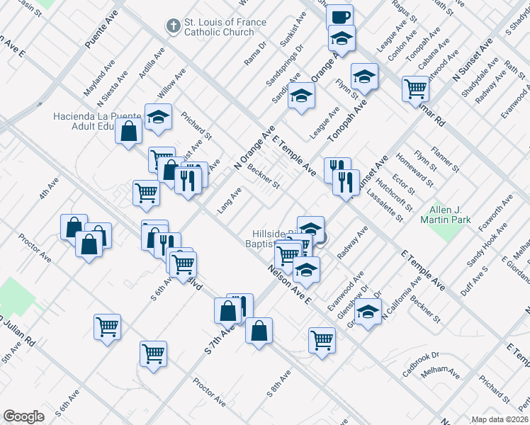 map of restaurants, bars, coffee shops, grocery stores, and more near 14438 Moccasin Street in La Puente