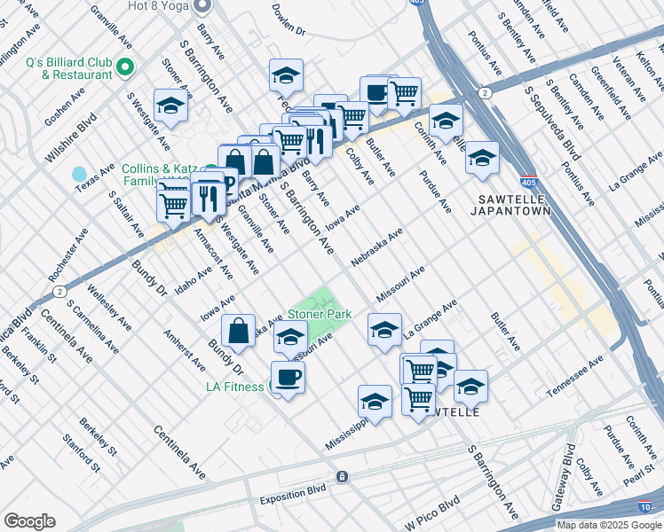 map of restaurants, bars, coffee shops, grocery stores, and more near 1747 South Barrington Avenue in Los Angeles