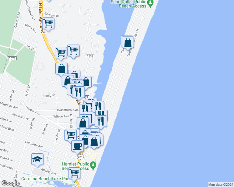 map of restaurants, bars, coffee shops, grocery stores, and more near 514 Carolina Beach Avenue North in Carolina Beach